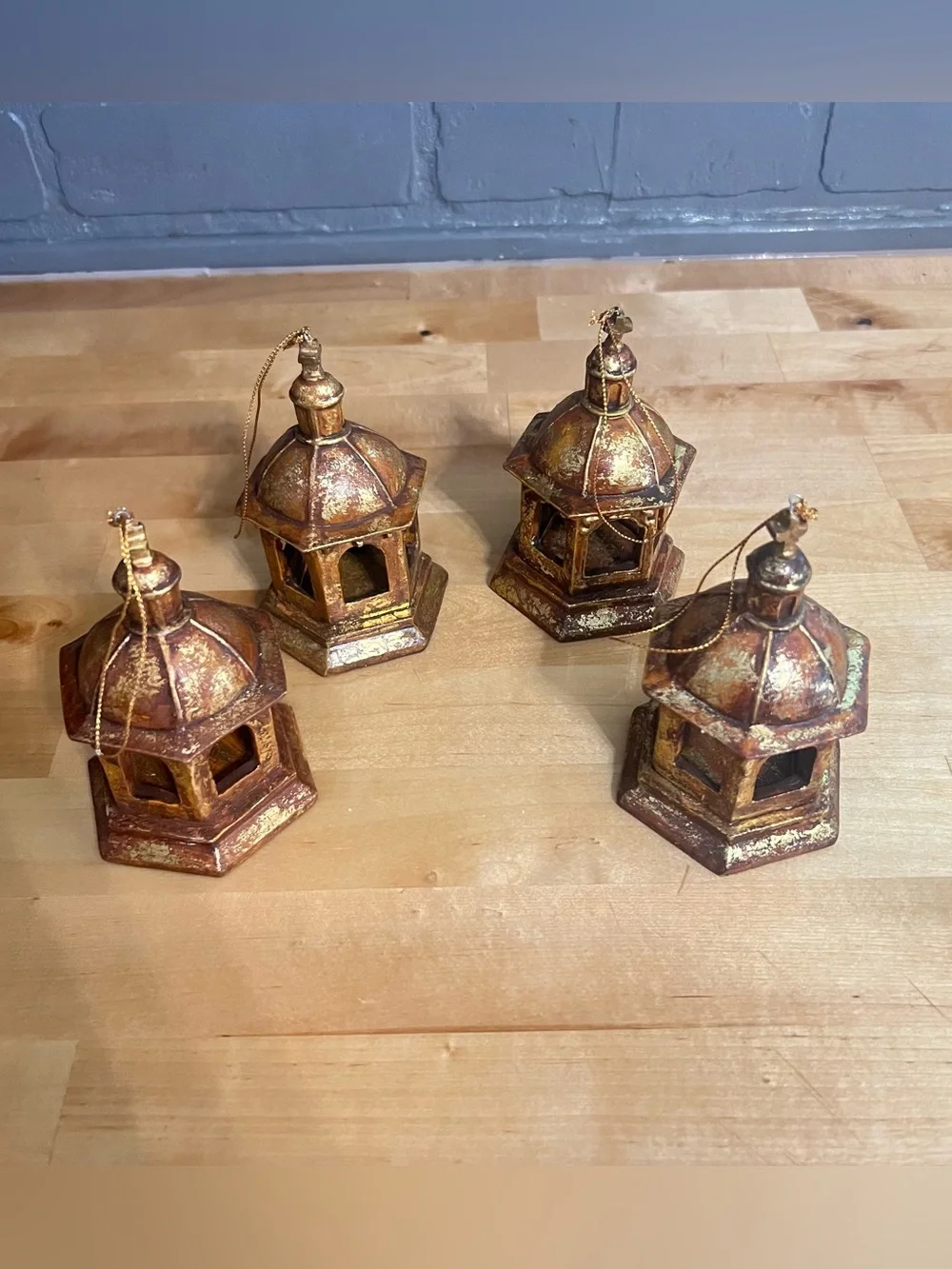 3”x5” Miniature Bell Lanterns Christmas Ornament Lot Gold/Bronze Finish (4)